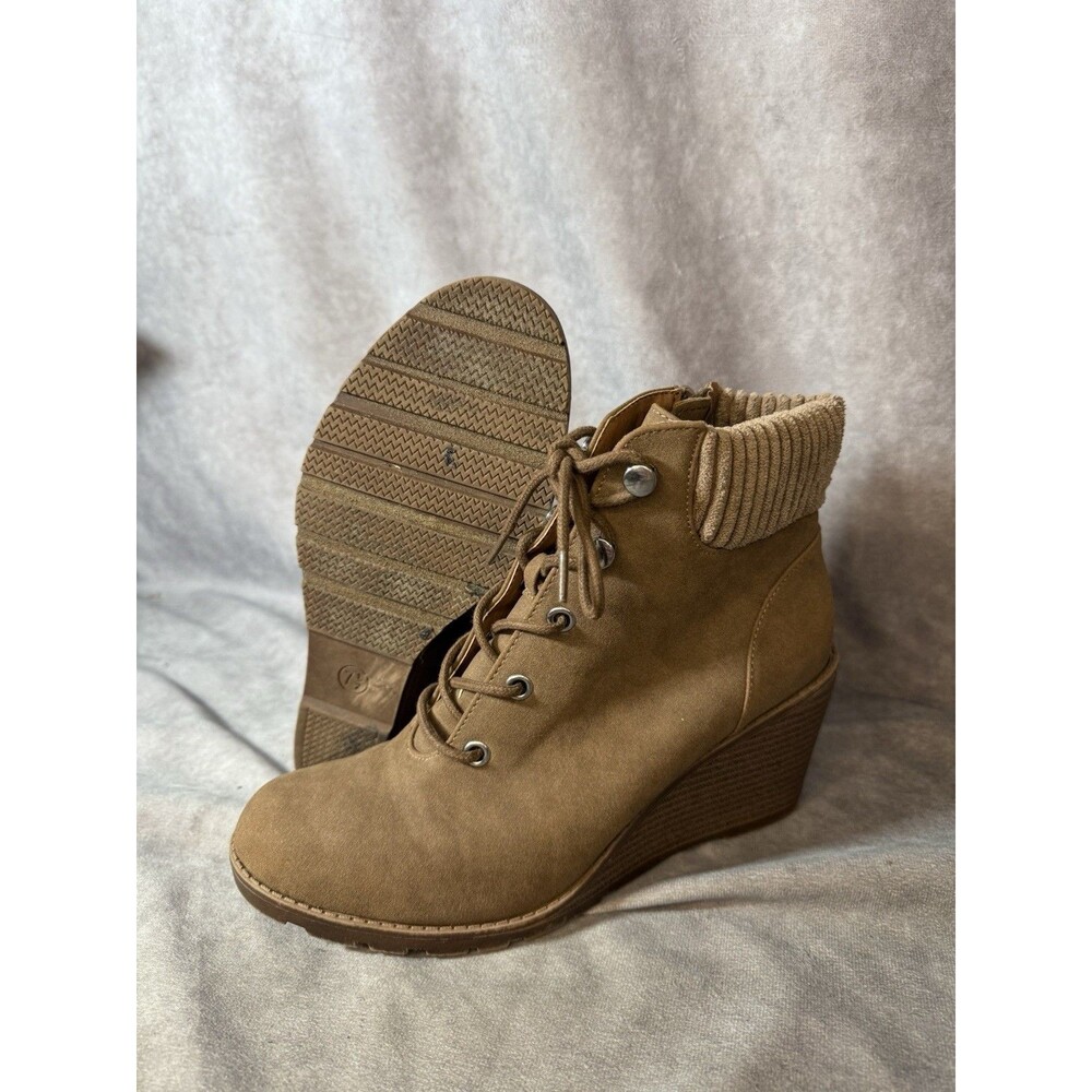 Brown Suede Wedge Ankle Booties Lace Up Side Zip Womens 7.5M